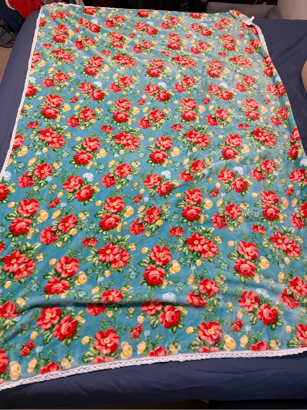 Pioneer Woman Vintage Floral Velvet Plush Throw W/Crocheted Trim 50”x72”